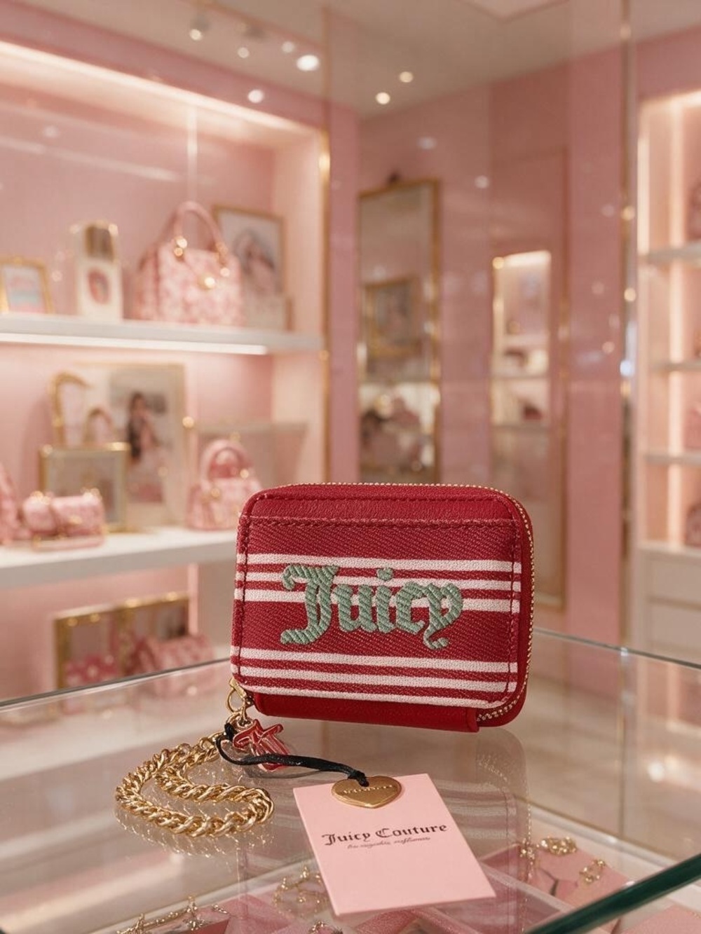 Juicy Couture Red Stripe Coin Wallet with Gold Chain-NWT